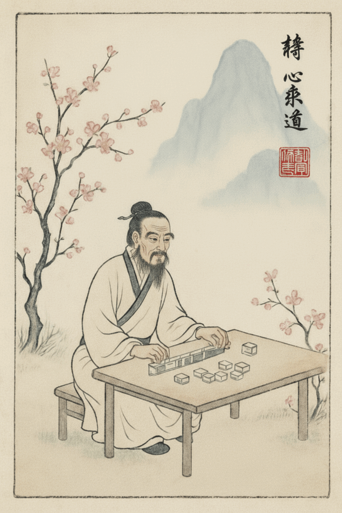 Image de style traditionnel chinois illustrant les origines légendaires du Mahjong.